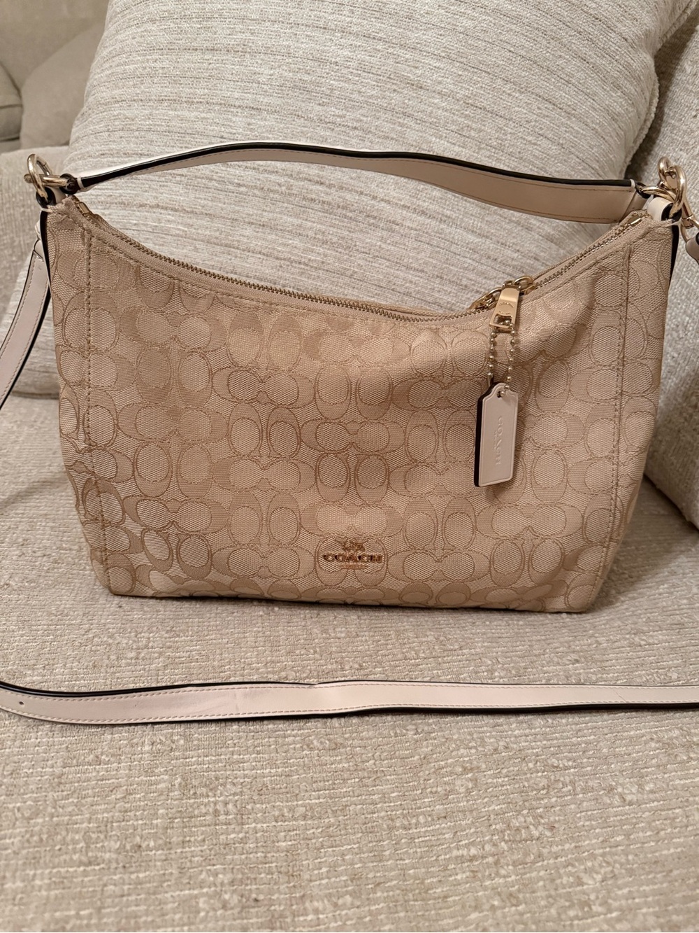 Coach Beige Signature Canvas Shoulder Bag with Chalk Trim